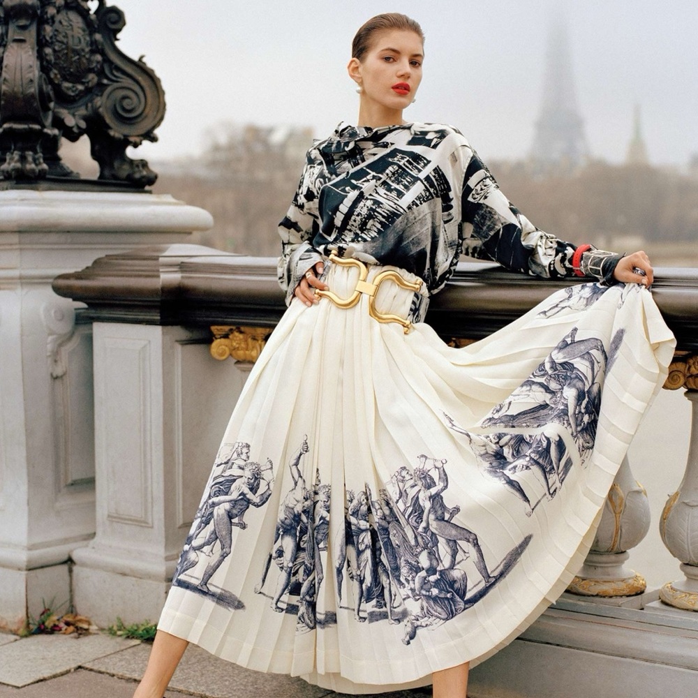 CÉLINE ETCHING PRINT SILK MIDI PLEATED WRAP SKIRT SIZE 40 BY PHOEBE PHILO